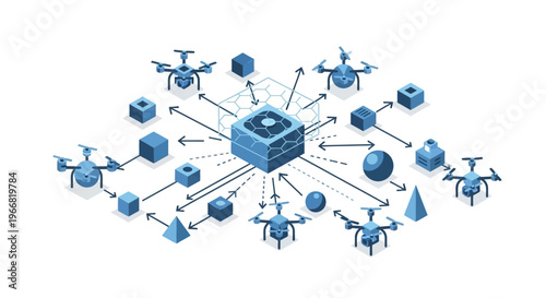 Network of drones connected to central hub technology.