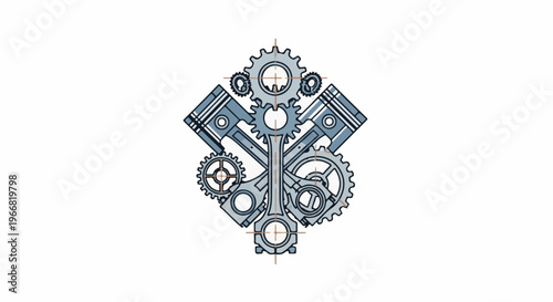 Stylized depiction of engine pistons and gears in a symmetrical formation