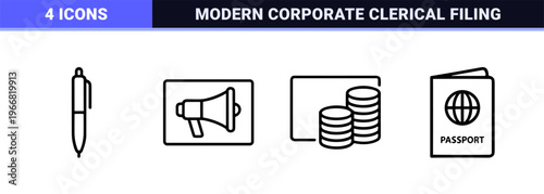 Comprehensive Administrative Document and Business Workflow Management Monoline Outline Set featuring Minimalist geometric office paperwork symbols.