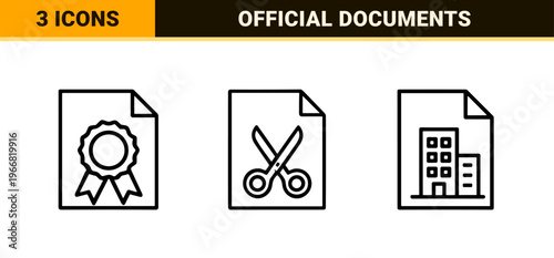 Minimalist Monoline Document Administration Outline Icons for Professional Business Paperwork and Official Certification Management