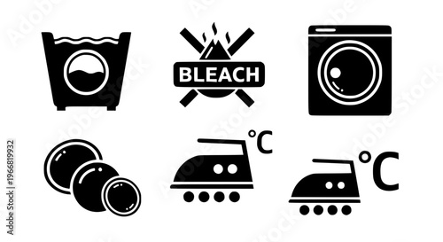 Laundry Care Silhouette Icon Set with Washing Drying Bleach and Iron Symbols Vector