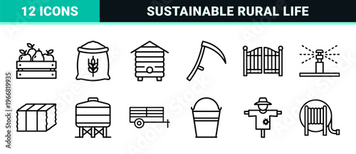 Minimalist farm and agriculture line art featuring sustainable organic gardening and rural symbols with clean geometric monoline aesthetics.