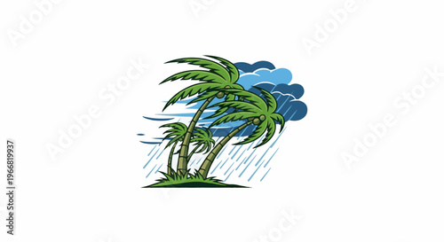 Palm trees swaying in a storm with heavy rain and dark clouds