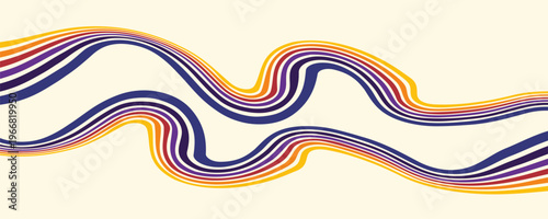Abstract colorful 70s background vector. Vintage retro wallpaper with rainbow stripes and wavy lines. A 1970 color illustration suitable for posters, banners, decorative items and wall art.