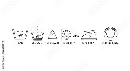Minimal Laundry Washing Instruction Icon Collection for Clothing Care Vector