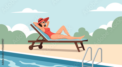 Woman in red swimsuit and hat relaxing on lounge chair by pool during summer