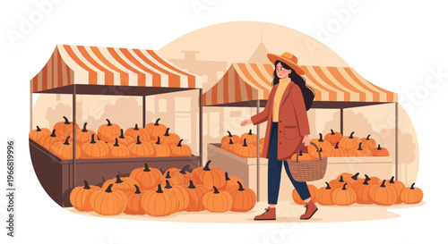 Woman with Hat Shopping for Pumpkins at an Autumn Market