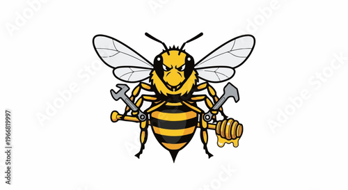 Cartoon bee with tools and honey, industrial mascot