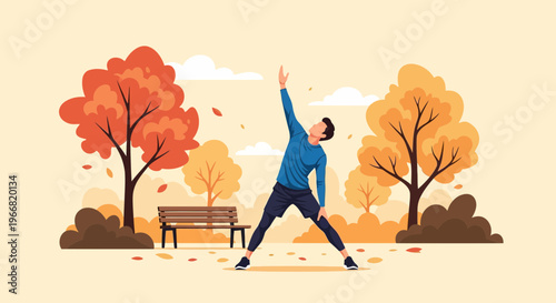 Man stretching outdoors in a park during autumn season with trees and fallen leaves