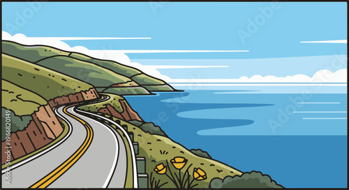 A winding coastal road snakes along a green hillside overlooking a vast blue ocean
