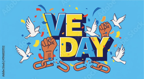 Juneteenth celebration graphic with fists and broken chains in colorful festive lighting for social media
