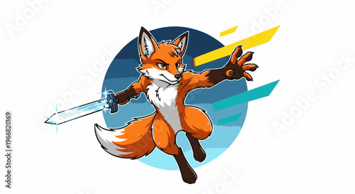 Anthropomorphic fox warrior in dynamic pose with glowing sword, action-packed