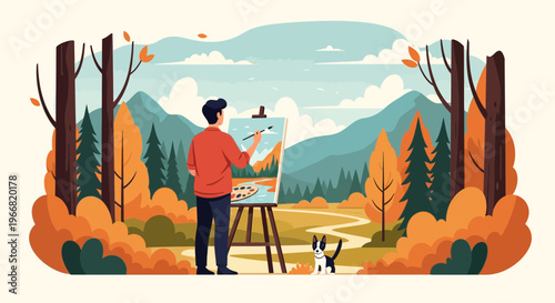 Artist paints autumn landscape outdoors with dog companion