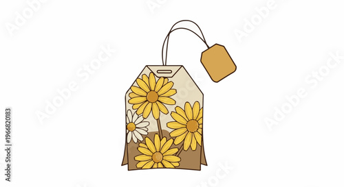 A tea bag with a floral design of yellow and white daisies