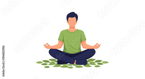 Man meditating cross-legged surrounded by green leaves on an isolated background
