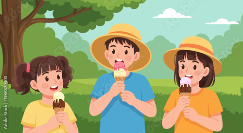 Three happy children wearing hats eating ice cream cones outdoors in a park on a sunny summer day
