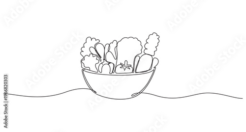 Keto meals ,Single one line drawing Fresh vegetable salad,Single continuous line drawing of stylized vegetables salad on bowl logo label. Healthy food restaurant concept,single line draw design vector