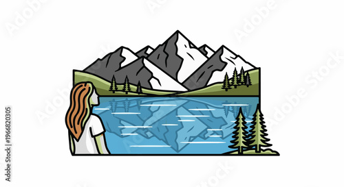 Person admires reflection of snow-capped mountains in calm lake