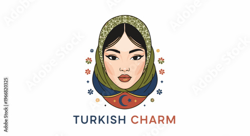 A woman with a headscarf and decorative flowers surrounds her head