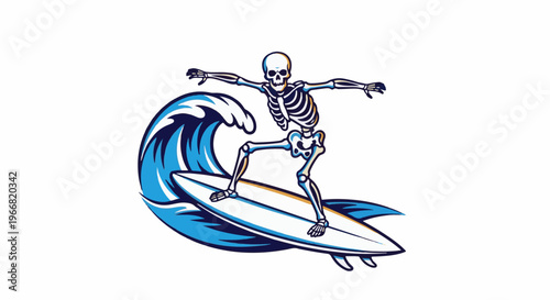 A skeleton surfs a blue wave on a white surfboard with a black outline
