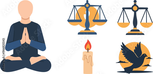 A person meditating beside scales of justice, a lit candle, and a dove flying against a setting sun background symbolizes inner peace and fairness.