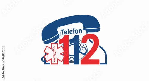 An illustration of a telephone handset with the numbers 112 and a medical symbol