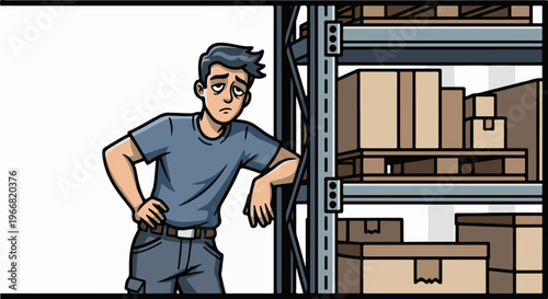 Tired worker leans on shelves stacked with cardboard boxes in a warehouse