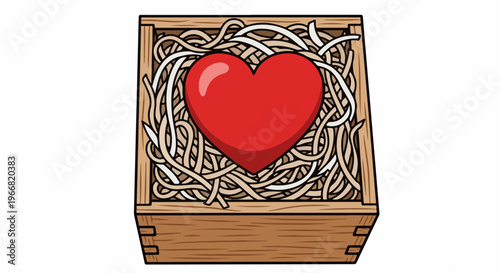 A red heart rests atop a nest of noodles in a wooden crate