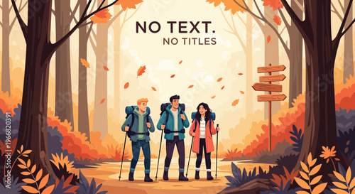 Three friends hiking together on a forest trail during autumn, with colorful leaves falling.