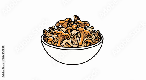 A white bowl is filled with a rich mixture of pasta and orange mushrooms