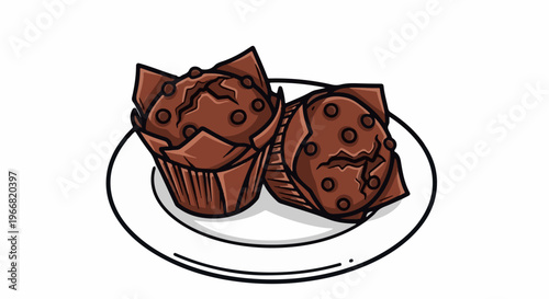 Two chocolate muffins with dark chocolate chips on a white plate