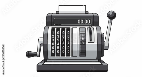 Vintage cash register with numbers, a crank, and a lever on a white background