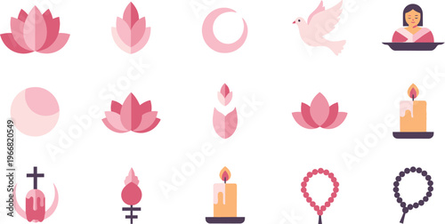 Assortment of pink and white religious and spiritual icons including lotus flowers, crescent moon, dove, and prayer beads.