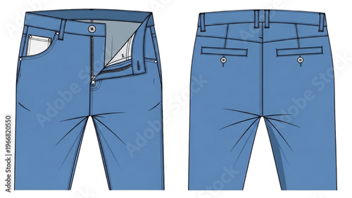 Vector CAD design style blue jeans front and back view
