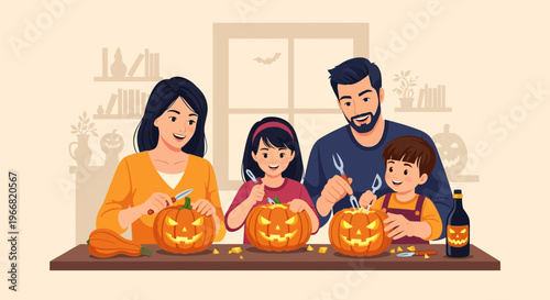 A happy family carving pumpkins together for Halloween, creating festive jack-o'-lanterns indoors