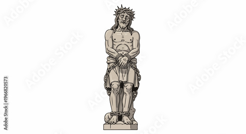 Stone sculpture of a chained, crowned, suffering male figure