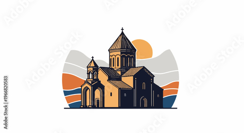 Stylized Armenian church with a sunset and undulating hills
