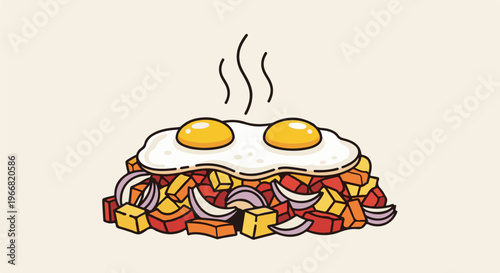 Warm, hearty breakfast of two fried eggs atop a colorful pile of diced vegetables