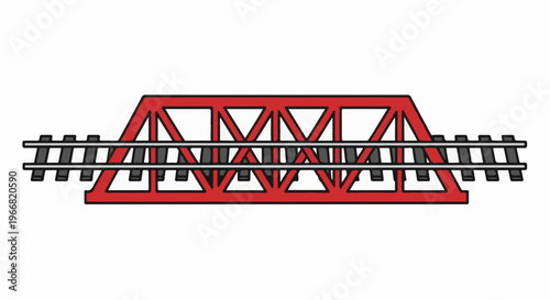 Red metal truss bridge with railway tracks crossing over