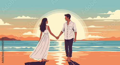 Romantic couple walking hand-in-hand along a serene beach at sunset