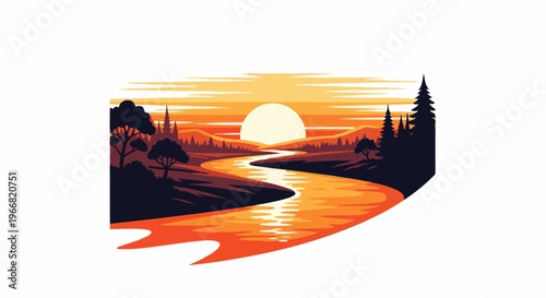 A stylized pixel art landscape with a winding river under a bright setting sun
