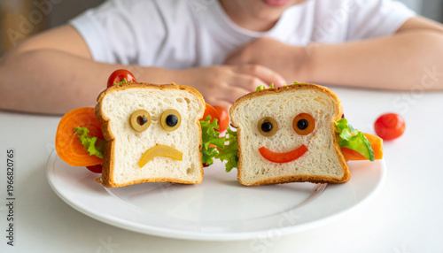Two sandwich slices with happy and sad faces made from vegetables on plate, with child in background showing playful emotion