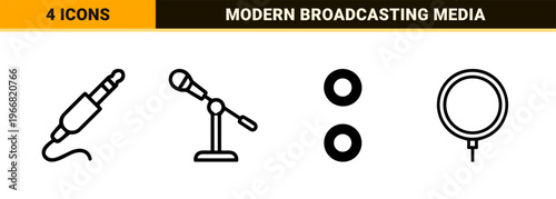 Minimalist Monoline Audio Podcast Icon Set Featuring Geometric Line Art for Digital Broadcasting and Professional Sound Recording Systems.