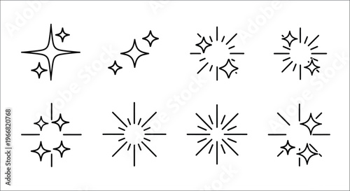 Collection of sparkling star shapes and glitters in simple line art style