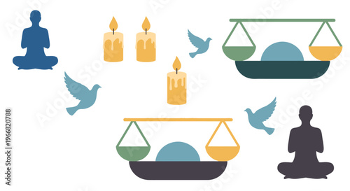 Silhouettes of meditating figures, burning candles, doves, and scales of justice represent concepts of peace and balance.