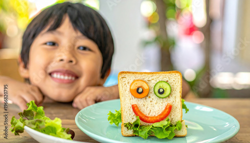 Happy child smiling behind sandwich with vegetable face on plate, playful and cheerful meal for kids
