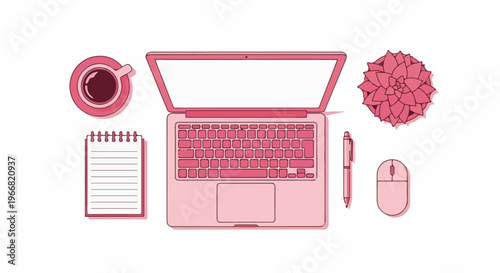 A pink workspace with a laptop, coffee, notepad, pen, mouse, and plant