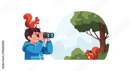 Curious Child with Binoculars Observing Squirrels in a Nature Scene