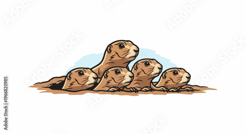 A family of prairie dogs peeking out from their underground home