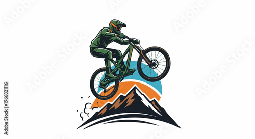 A person on a mountain bike jumps over a mountain peak with a colorful background